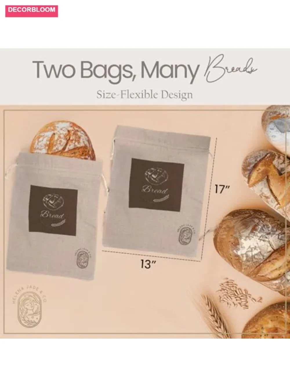 Reusable Linen Bread Bags with Drawstring (2 Pack, XL) - Large Food Storage for